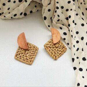Geometric Rattan Woven and Wooden Earrings Boho Coastal Cowgirl Simple Statement